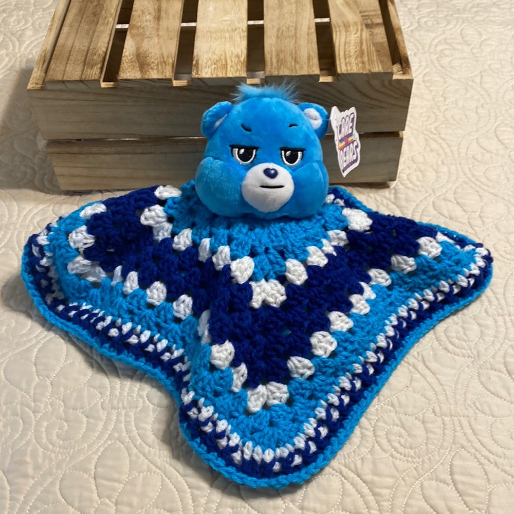 Care Bear - Grumpy Bear with handmade crochet lovey. Stuffed animal is NWT